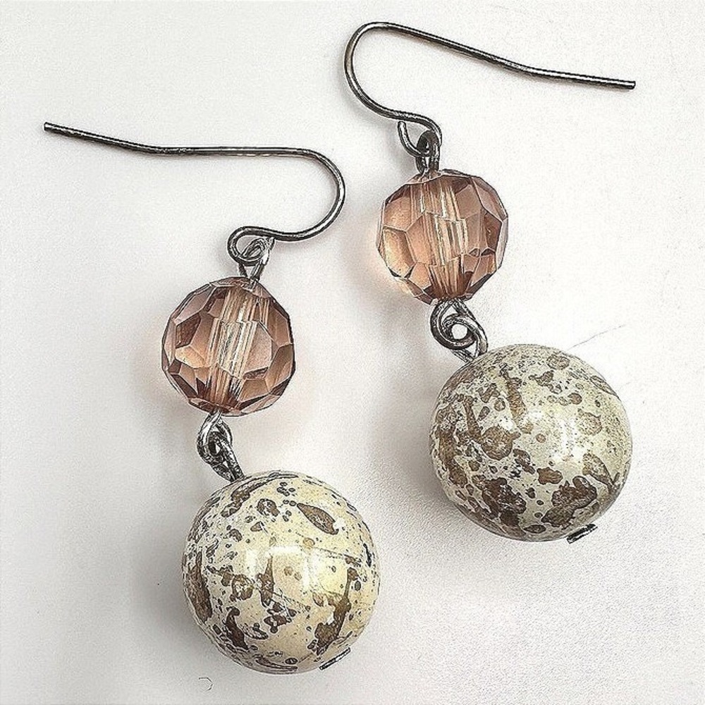 Vintage 90s Spotted Cream Bead Dangle Earrings Pink Glass Hook Boho Jewelry